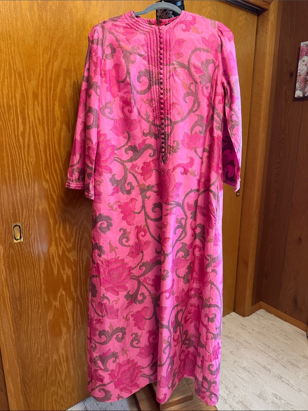 Bright Pink Floral Scroll Vintage Maxi Dress with Pintuck Front 100% Silk